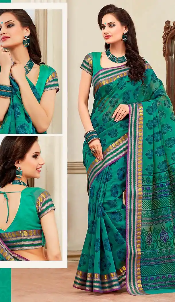 Emerald Color Cotton Printed Pallu Deaily Wear Saree | FH488375036