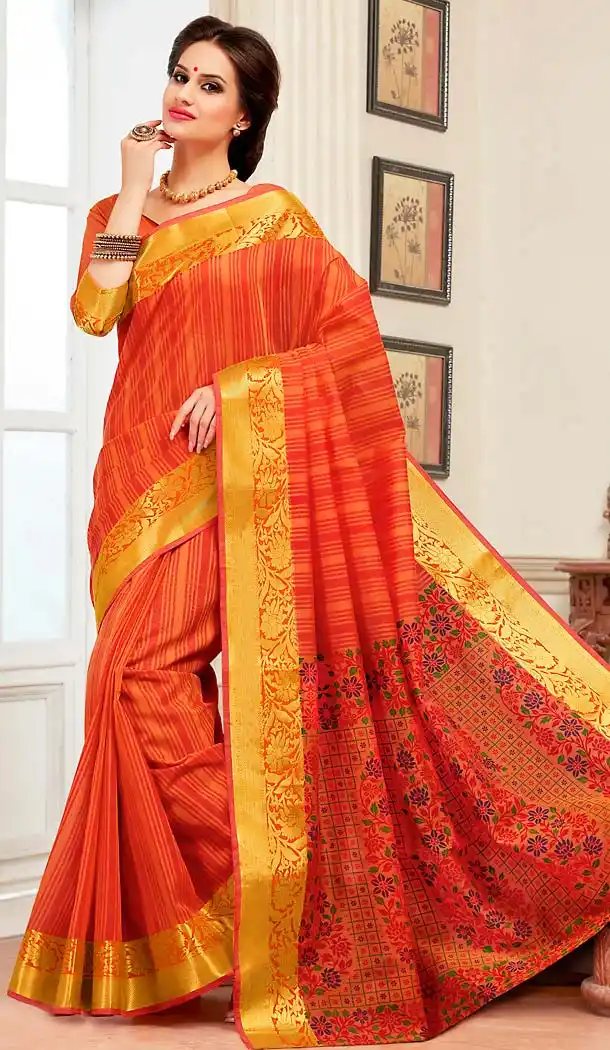Orange Color Cotton Printed Pallu Daily Wear Saree | FH488375039