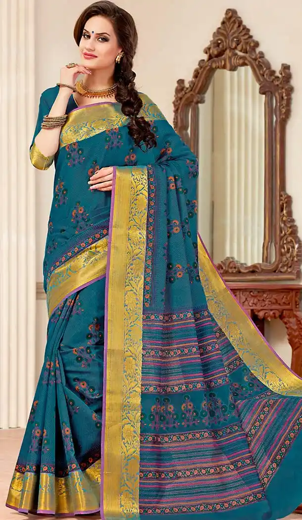Steel Blue Color Cotton Contemporary Style Office Wear Saree | FH488475042