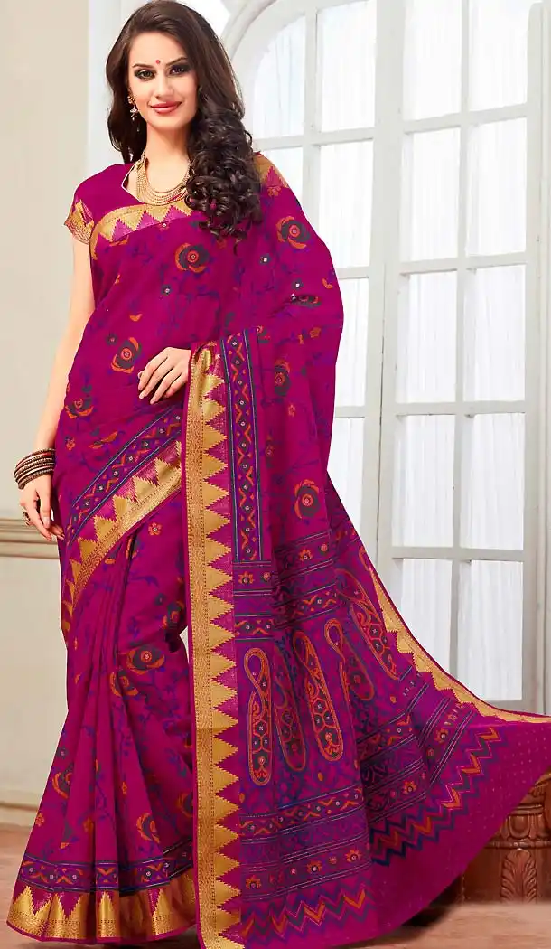 Fuchsia Color Cotton Contemporary Style Office Wear Saree | FH488475043
