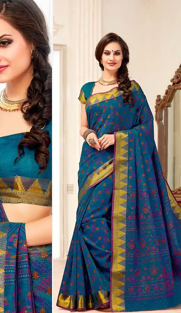 Teal Blue Color Cotton Contemporary Style Office Wear Saree | FH488475044