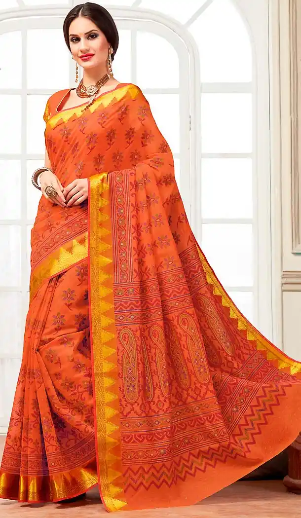 Orange Color Cotton Contemporary Style Office Wear Saree | FH488475045