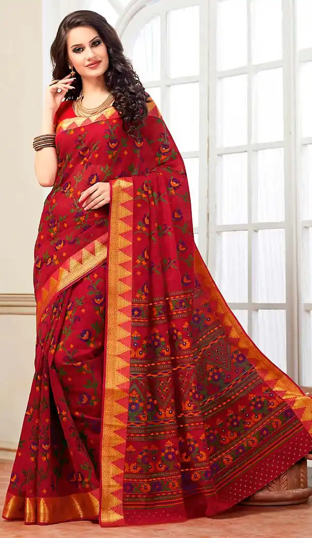 Crimson Color Cotton Contemporary Style Office Wear Saree | FH488475046
