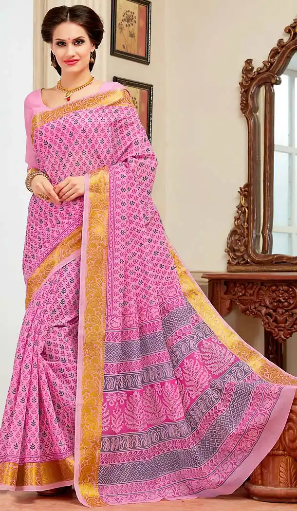 Rose Pink Color Cotton Contemporary Style Office Wear Saree | FH488475047