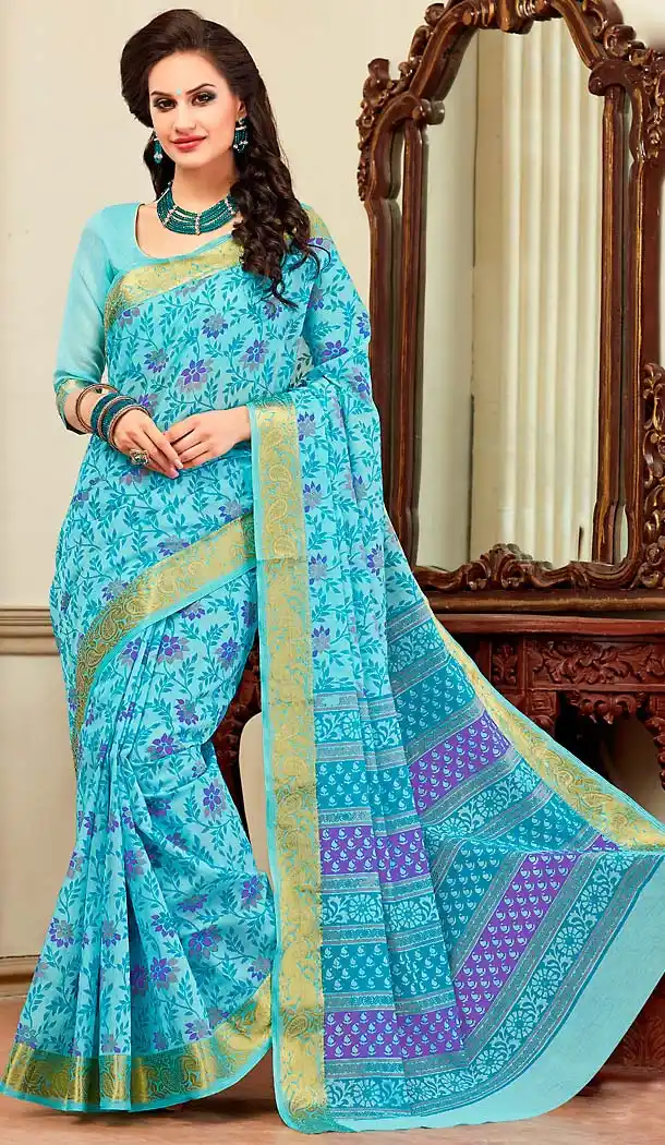 Dark Turquoise Color Cotton Contemporary Style Office Wear Saree | FH488475050
