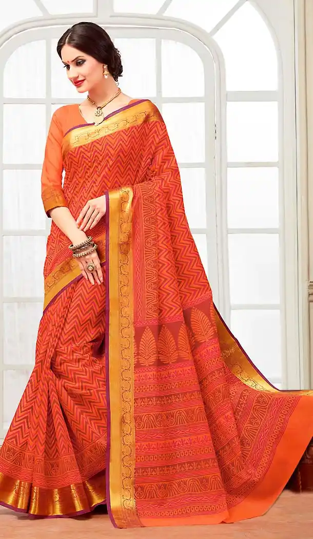 Orange Color Cotton Contemporary Style Office Wear Saree | FH488475051