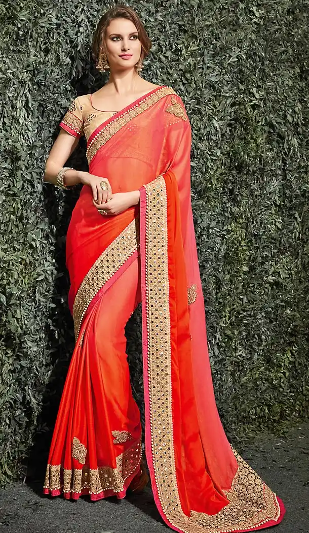 Deep Orange Color Chiffon Designer Saree Blouse | FH488775088