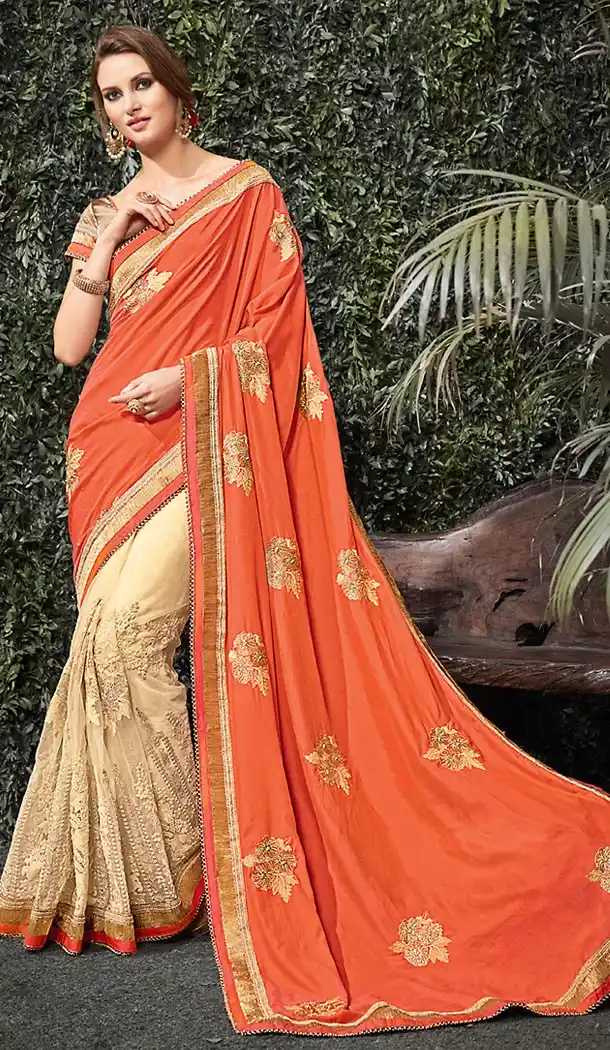 Orange Color Net Designer Saree Blouse | FH488775090
