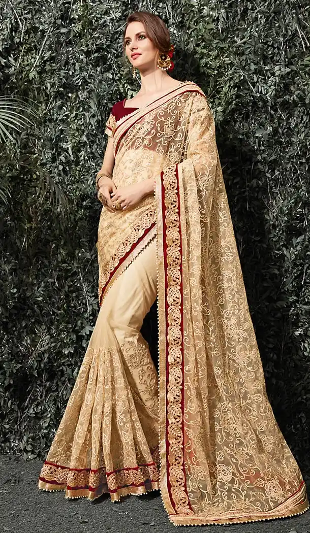 Beige Color Net Embroidered Designer Saree Blouse | FH488775092