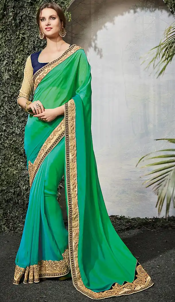 Emerald Color Silk Embroidered Designer Saree Blouse | FH488775097