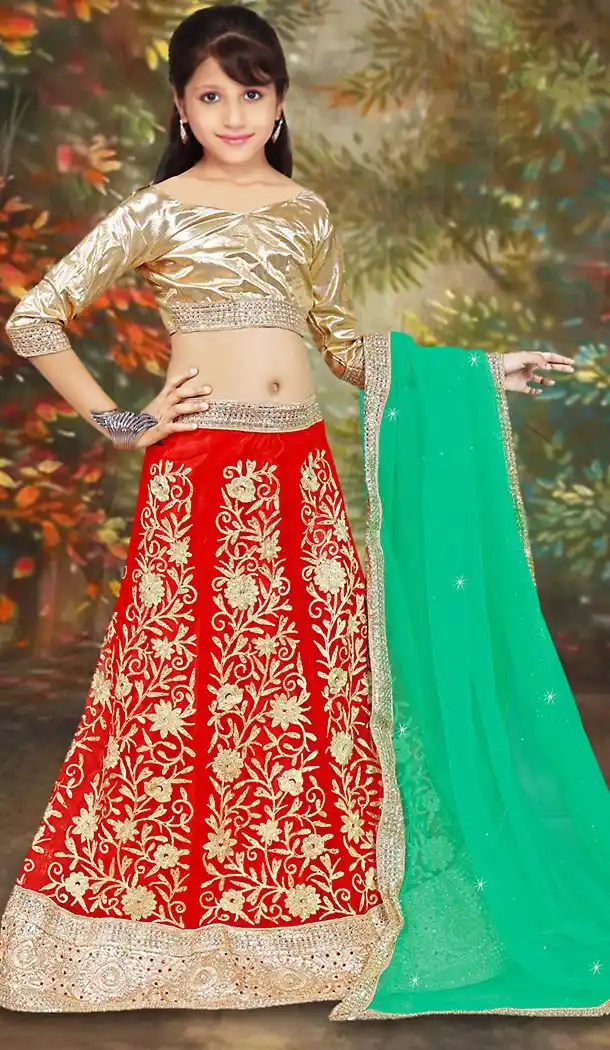 Deep Scarlet Color Net Girl's Readymade Lehenga Choli | FH488875100