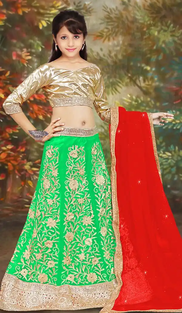 Lime Green Color Net Girls Readymade Lehenga Choli | FH488875103