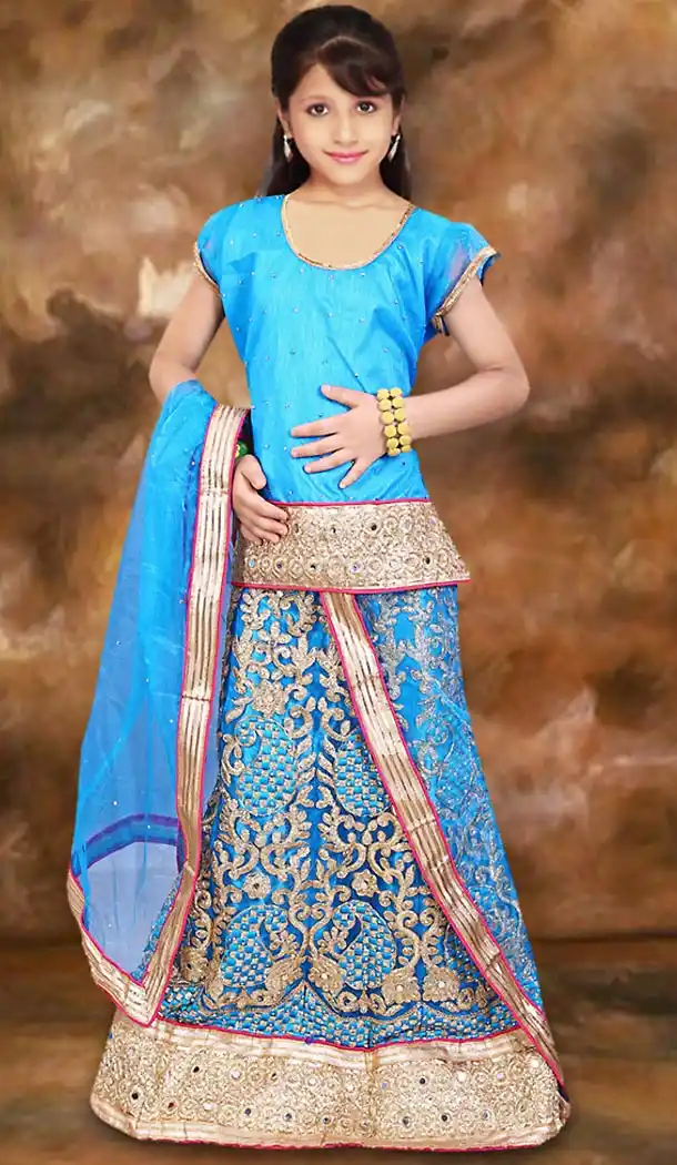 Sky Blue Color Net A Line Style Girl Readymade Lehenga Choli | FH488975104