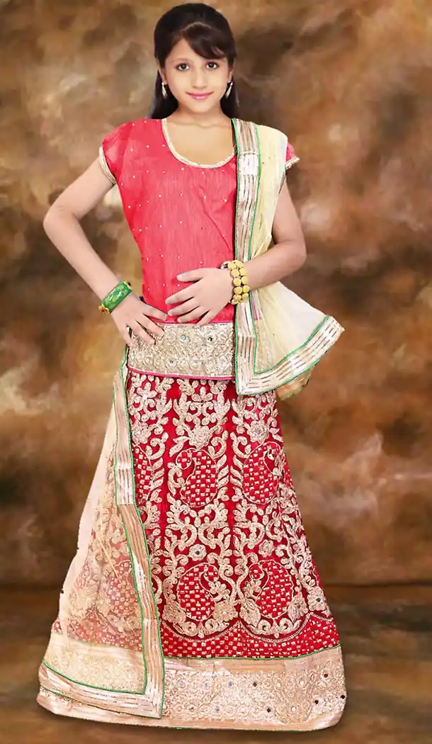 Crimson Color Net A Line Style Girl Readymade Lehenga Choli | FH488975107