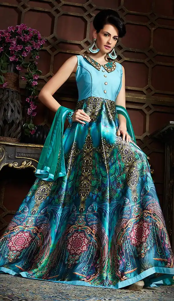 Sky Blue Color Satin Party Wear Gowns | FH489675185