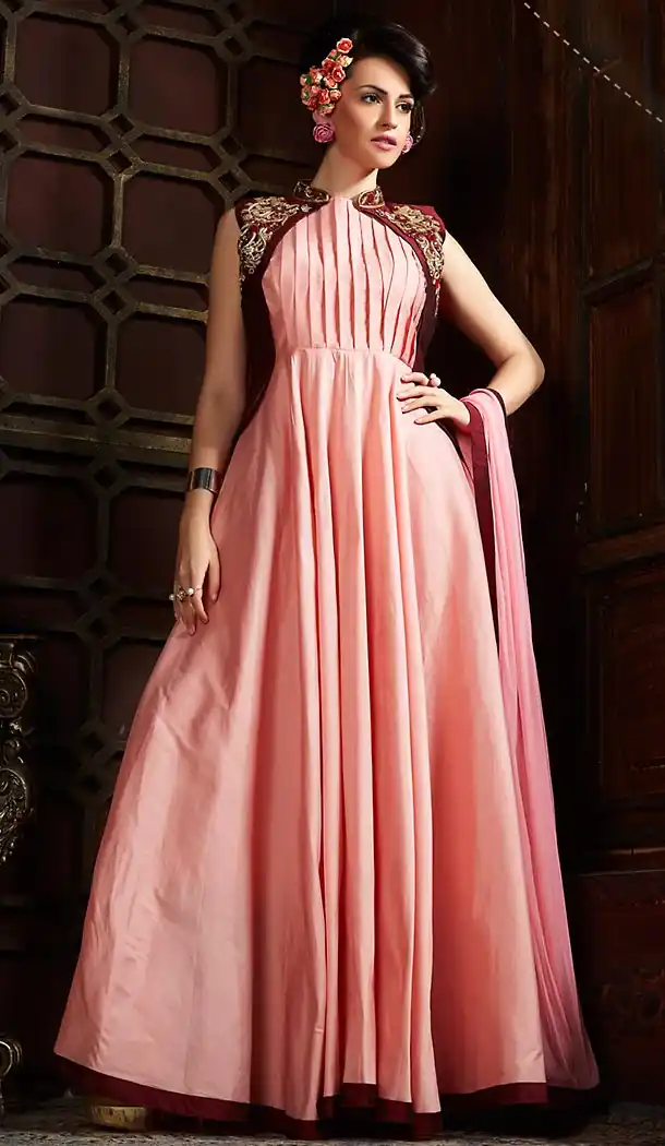 Salmon Color Silk Party Wear Gowns | FH489675187