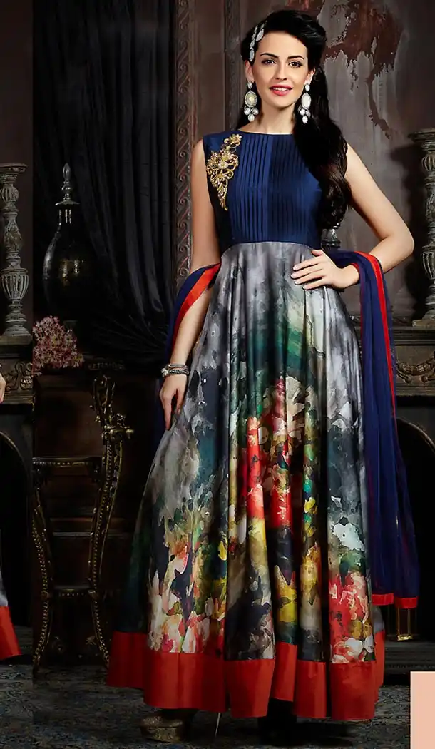 Navy Blue Color Satin Party Wear Gowns | FH489675193