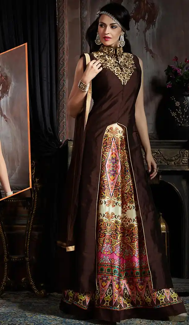 Chocolate Color Silk Party Wear Gowns | FH489675194