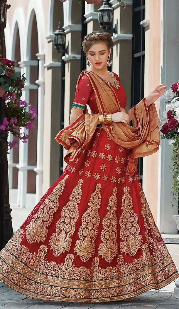 Brick Red Color Net A Line Style Party Wear Lehenga Choli | FH489875251