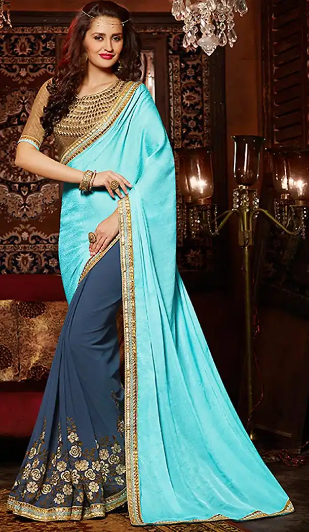 Slate Color Georgette Traditional Embroidered Sarees | FH490075233