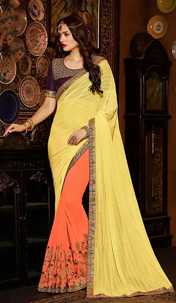 Yellow Color Georgette Traditional Embroidered Sarees | FH490075235
