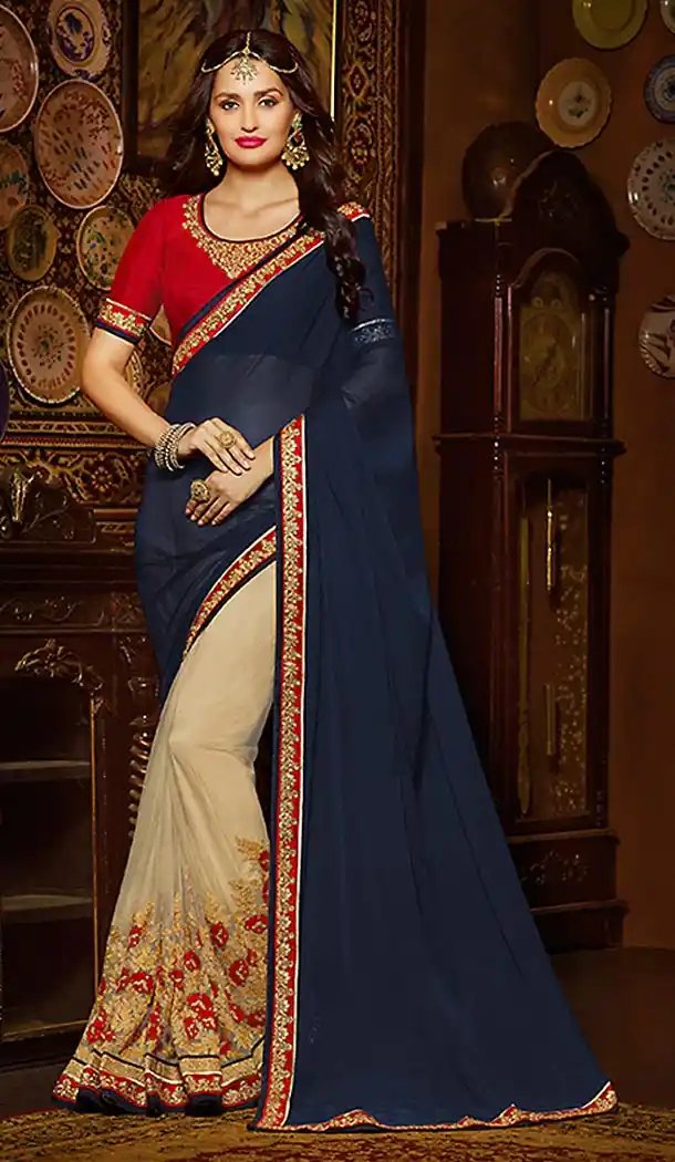 Navy Blue Color Georgette Traditional Embroidered Sarees | FH490075236