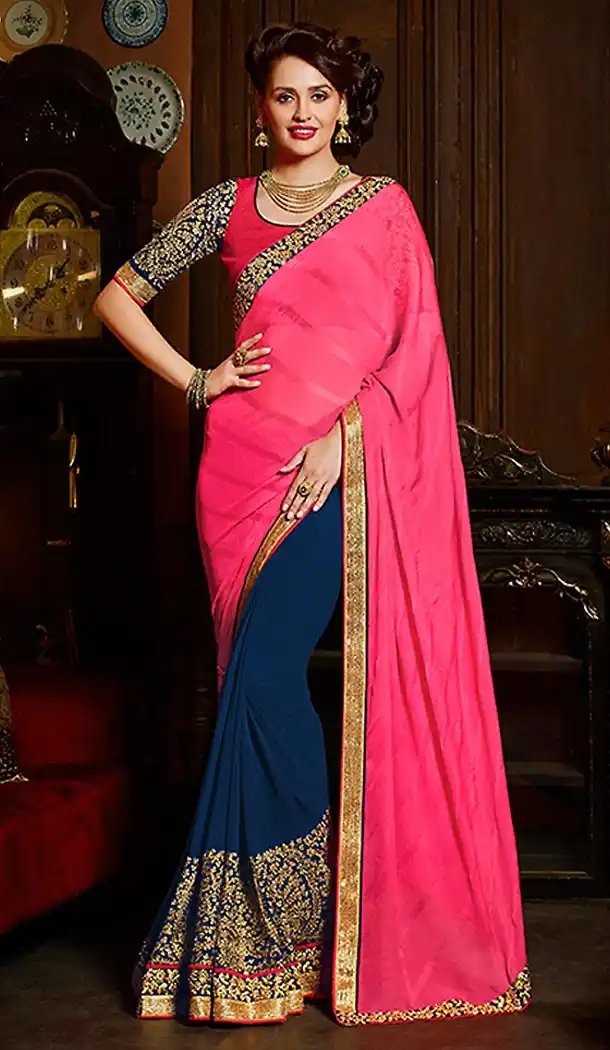 Blue Color Georgette Traditional Embroidered Sarees | FH490075237