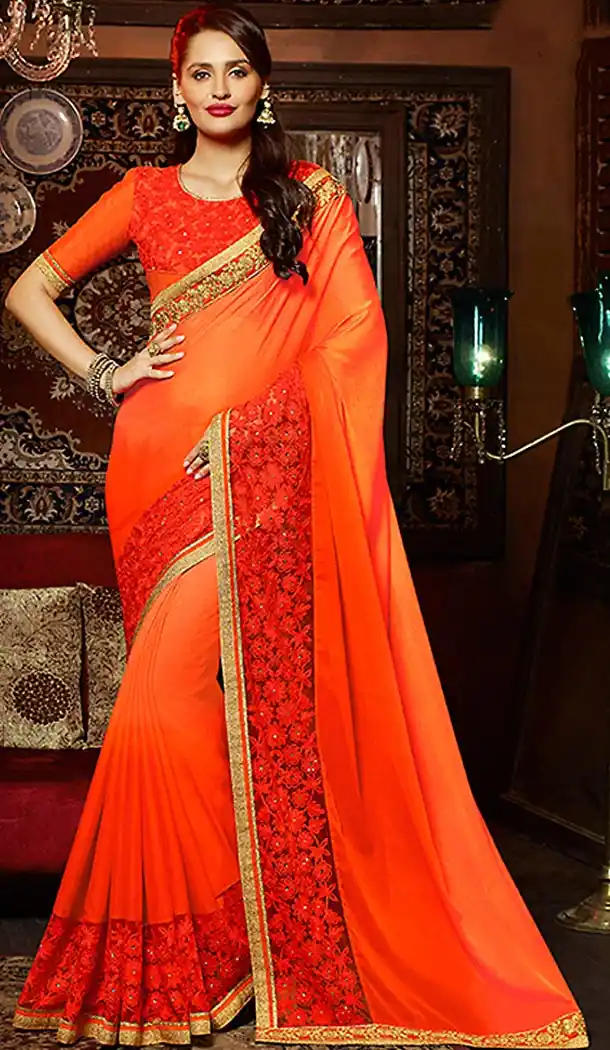 Orange Color Georgette Traditional Embroidered Sarees | FH490075238