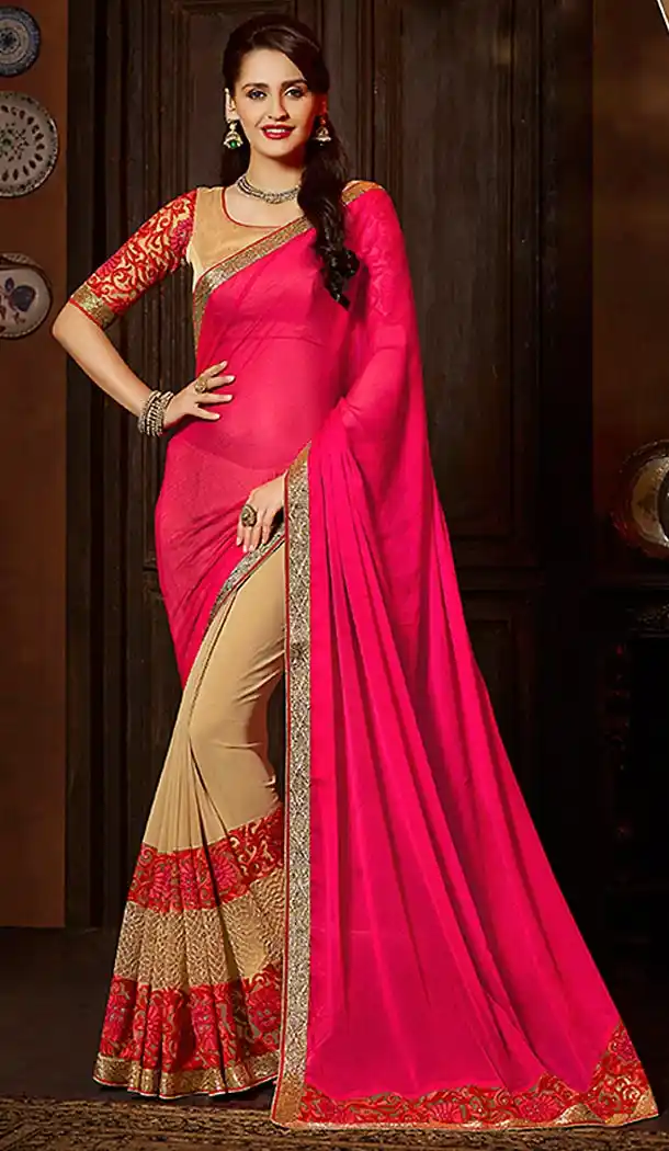 Deep Pink Color Georgette Traditional Embroidered Sarees | FH490075239