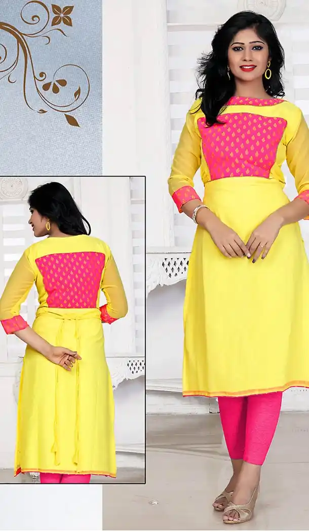 Yellow Color Georgette Straight Style Readymade Kurtis | FH490875371