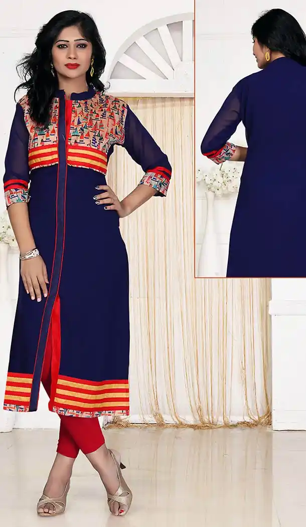 Deep Blue Color Georgette Achkan Style Readymade Kurtis | FH490875376