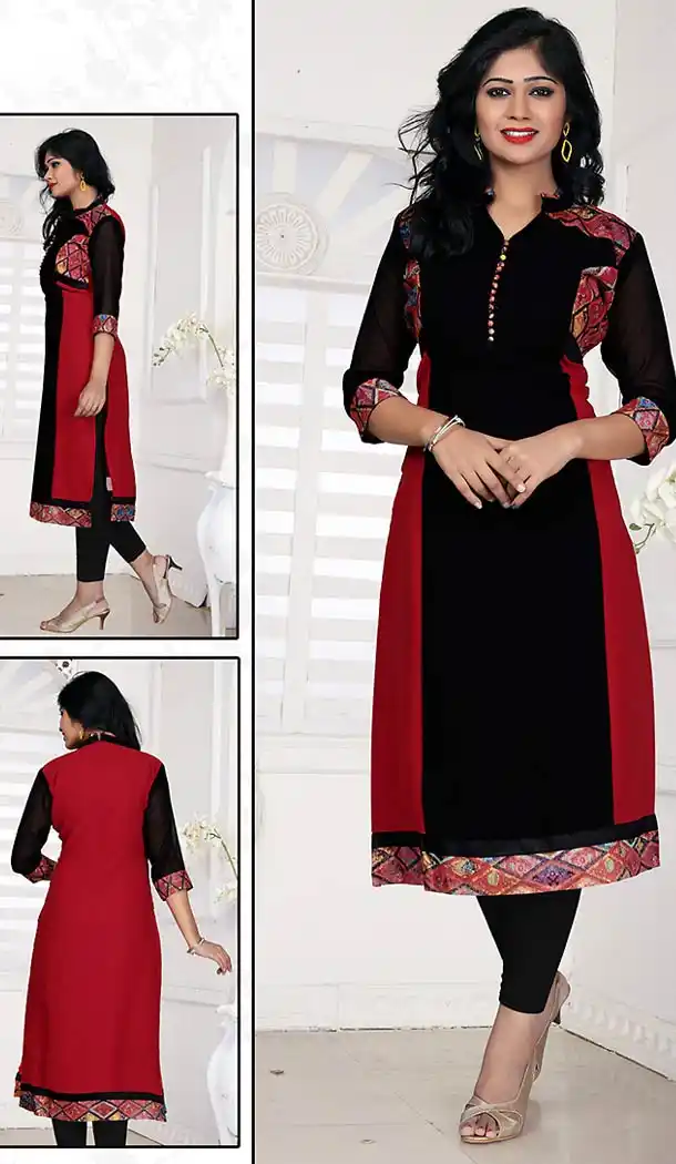 Black Color Georgette Straight Style Readymade Kurtis | FH490875379