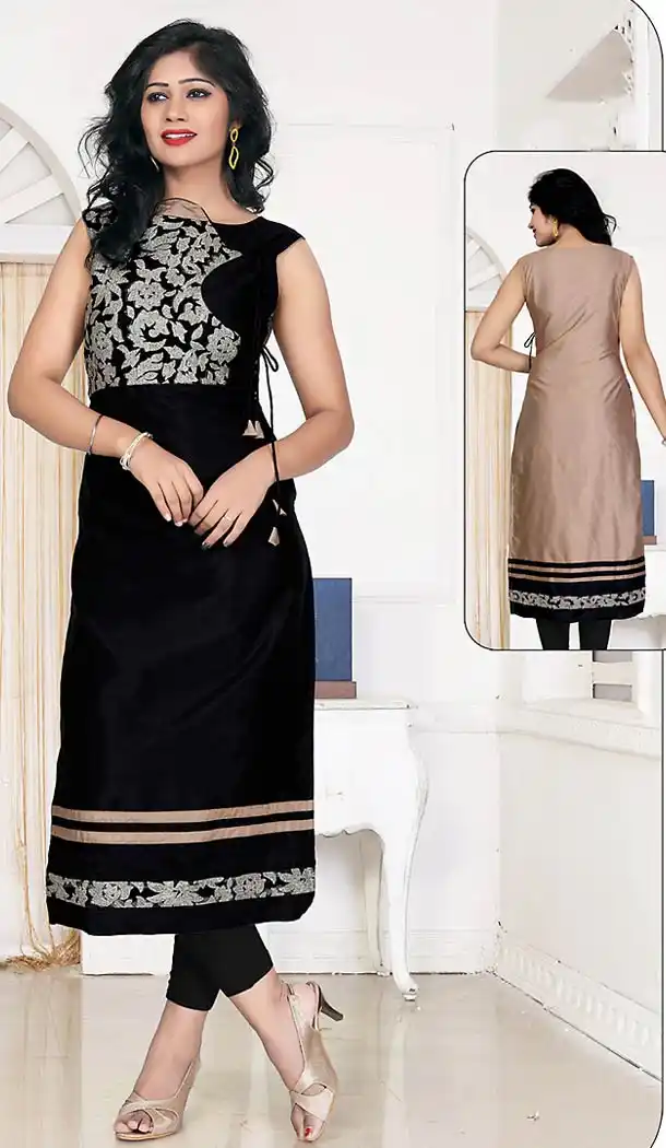 Black Color Silk Straight Style Readymade Kurtis | FH490875380