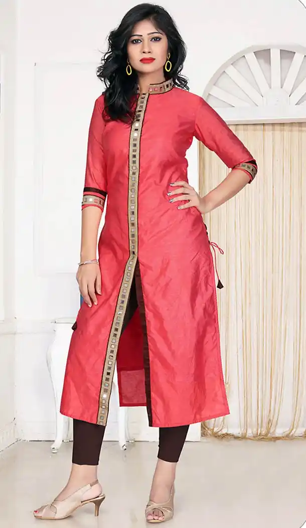 Salmon Color Georgette Straight Style Readymade Kurtis | FH490875384