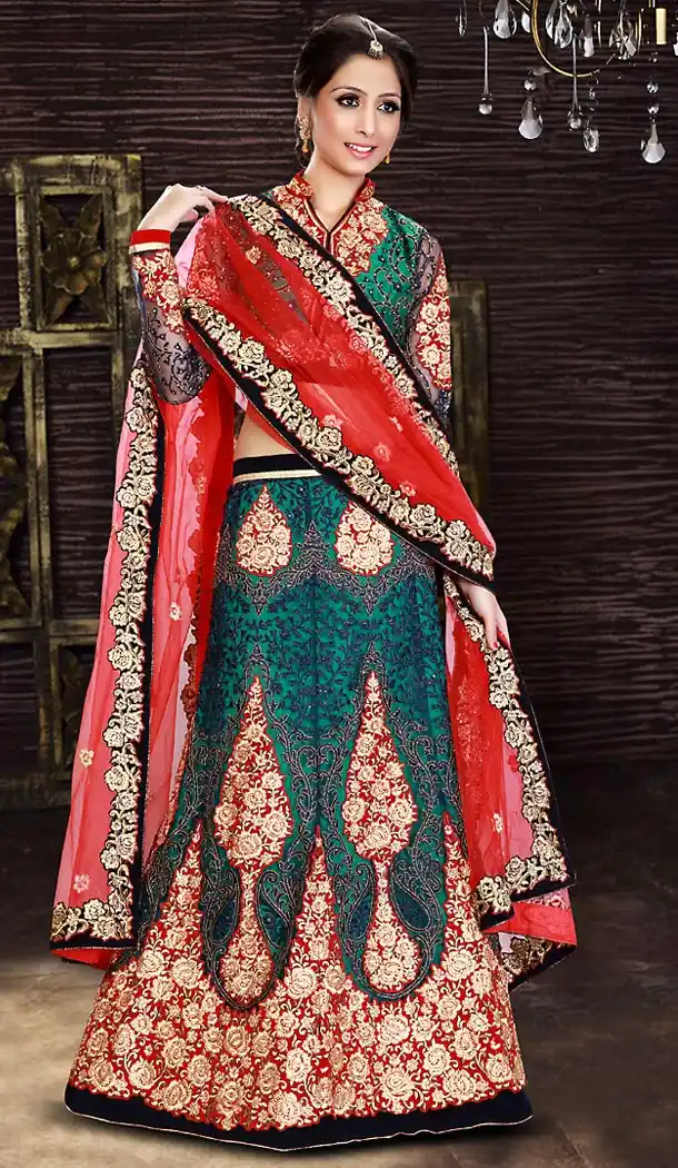 Emerald Color Net A Line Style Bridal Lehenga Choli | FH490975353