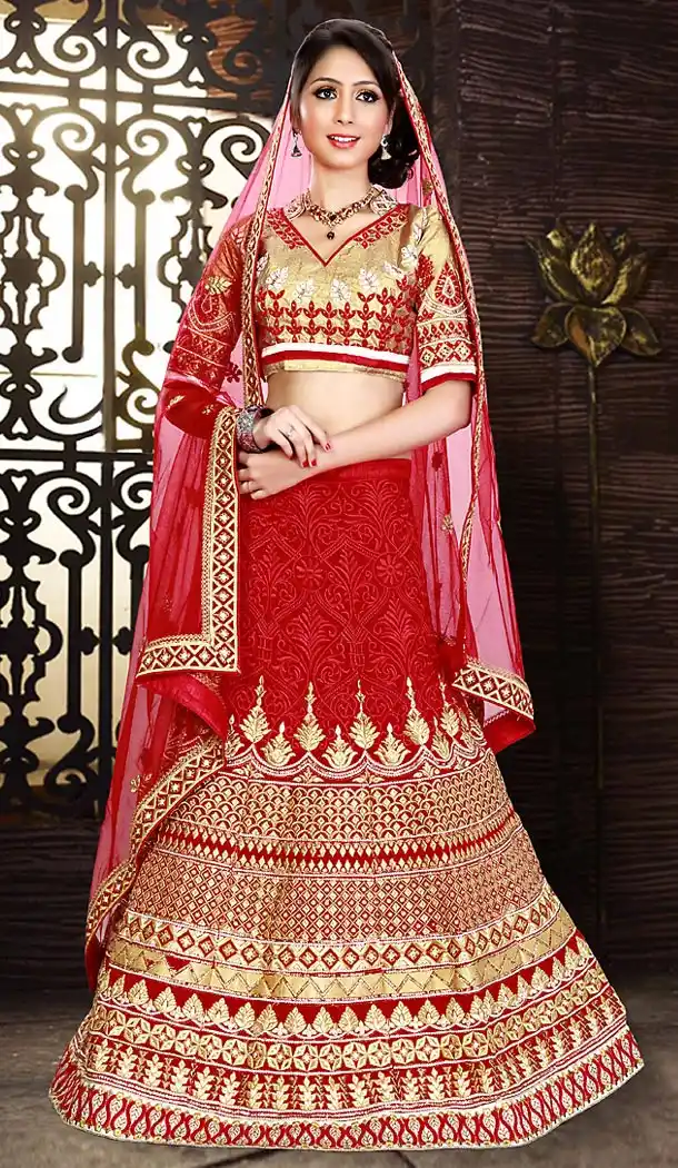 Red Color Georgette A Line Style Bridal Lehenga Choli | FH490975356