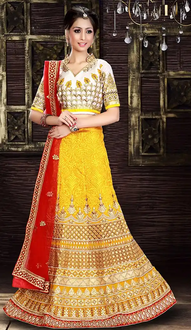 Yellow Color Georgette A Line Style Bridal Lehenga Choli | FH490975357