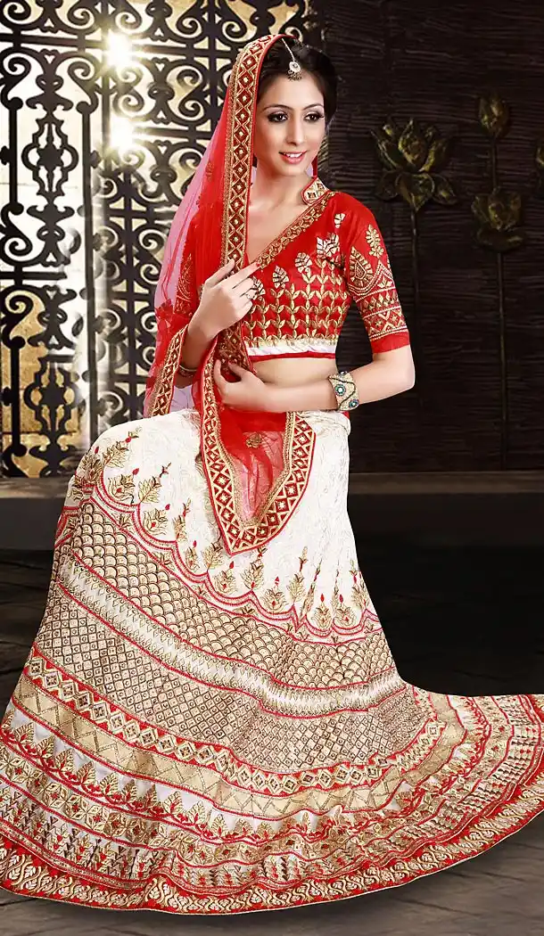 Off White Color Georgette A Line Style Bridal Lehenga Choli | FH490975358