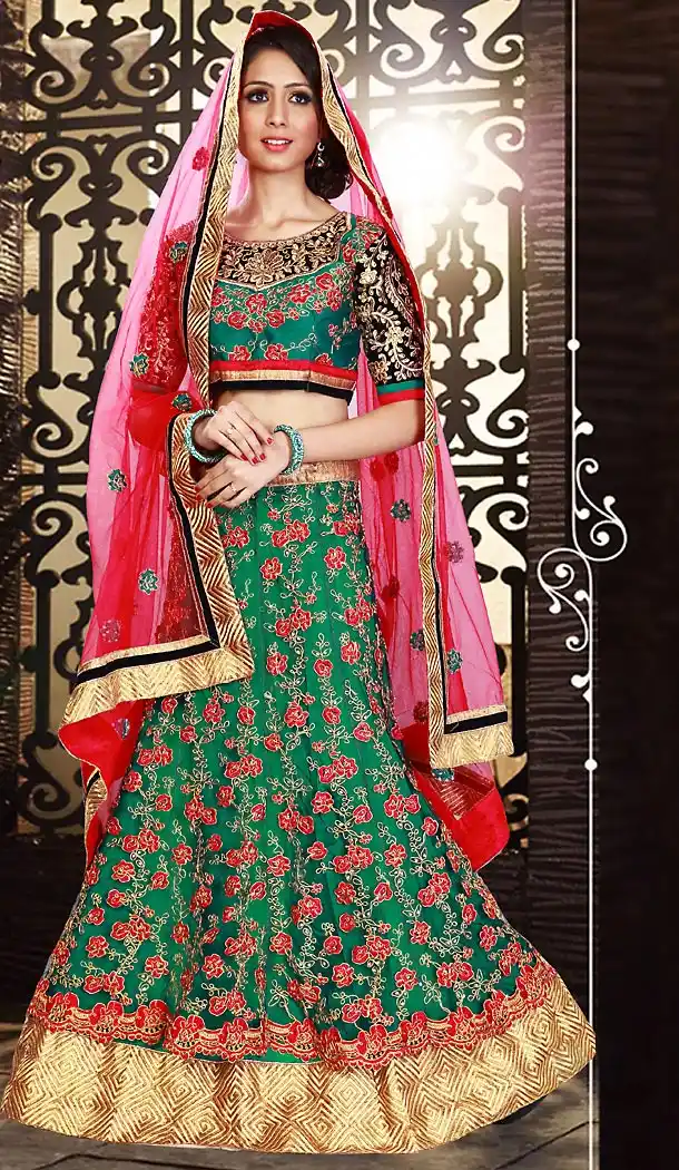 Green Color Net A Line Style Bridal Lehenga Choli | FH490975360