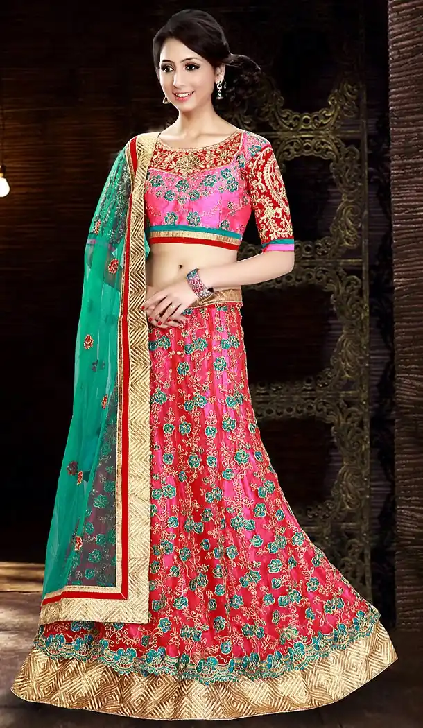 Deep Pink Color Net A Line Style Bridal Lehenga Choli | FH490975361