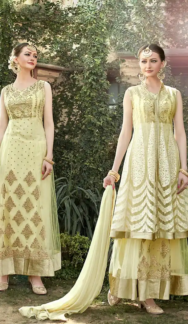 Honeydew Color Net Anarkali Style Churidar Kameez | FH491075368