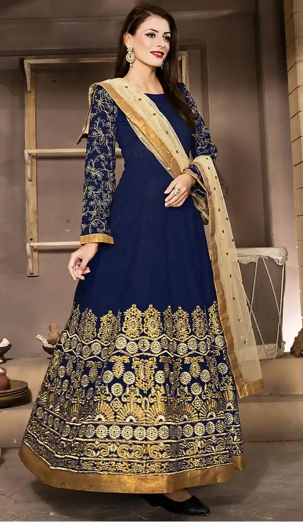 Navy Blue Color Silk Long Anarkali Churidar Kameez | FH491275395