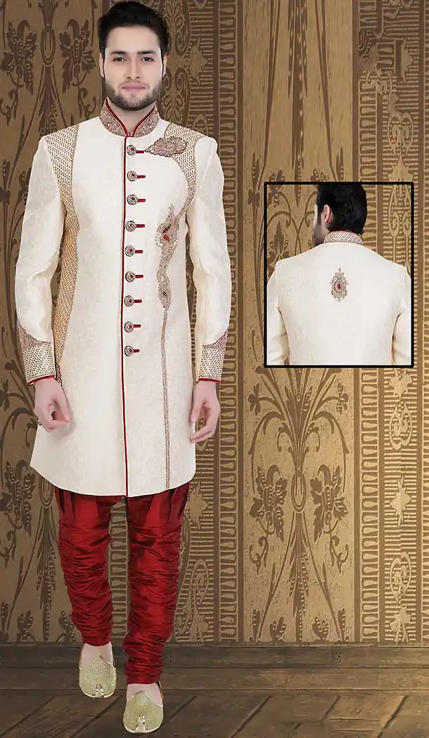 Off White Color Jacquard Wedding Wear Readymade Short Sherwani | FH492075488
