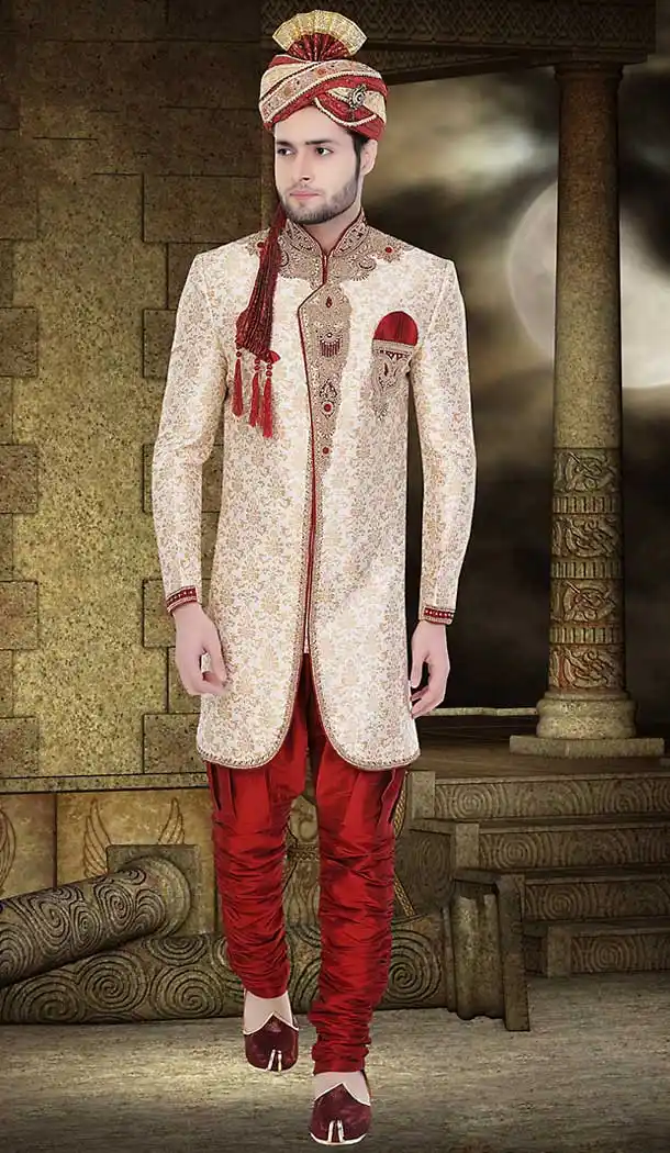 Cream Color Fancy Wedding Wear Readymade Short Sherwani | FH492075490