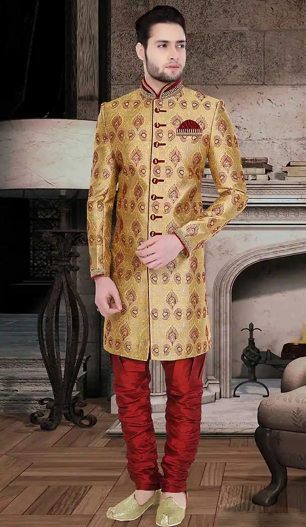 Brown Color Jacquard Wedding Wear Readymade Short Sherwani | FH492075491