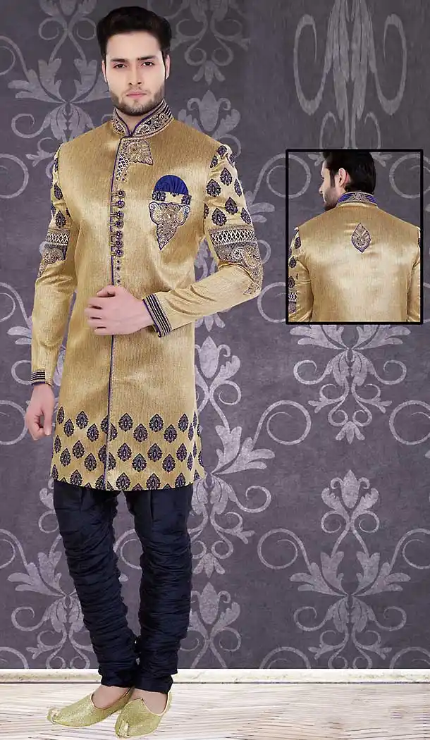 Tan Brown Color Silk Wedding Wear Readymade Short Sherwani | FH492075492