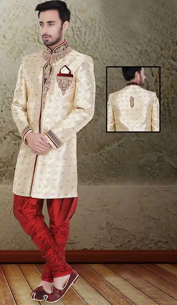 Tan Brown Color Jacquard Wedding Wear Readymade Short Sherwani | FH492075494