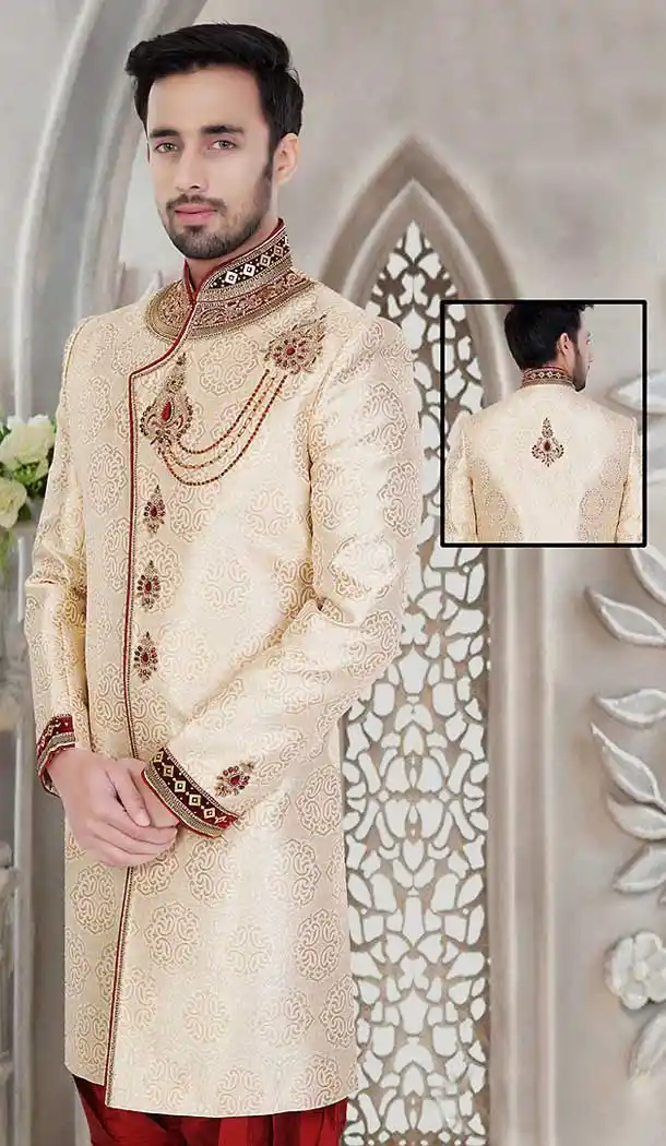 Cream Color Jacquard Wedding Wear Readymade Short Sherwani | FH492075495