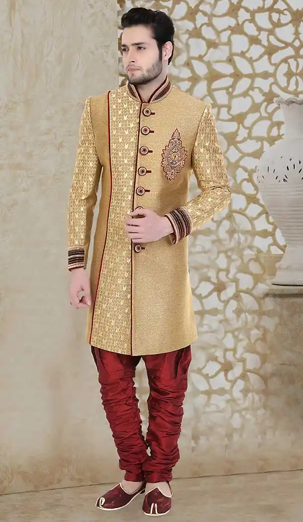 Brown Color Jute Wedding Wear Readymade Short Sherwani | FH492075496