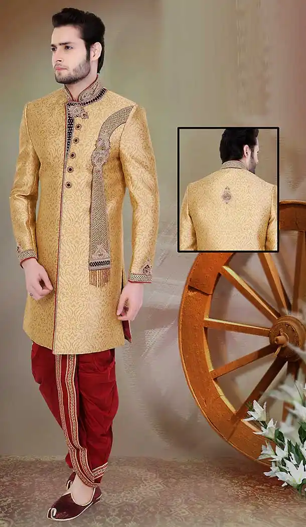 Brown Color Jacquard,Silk Wedding Wear Readymade Short Sherwani | FH492075500